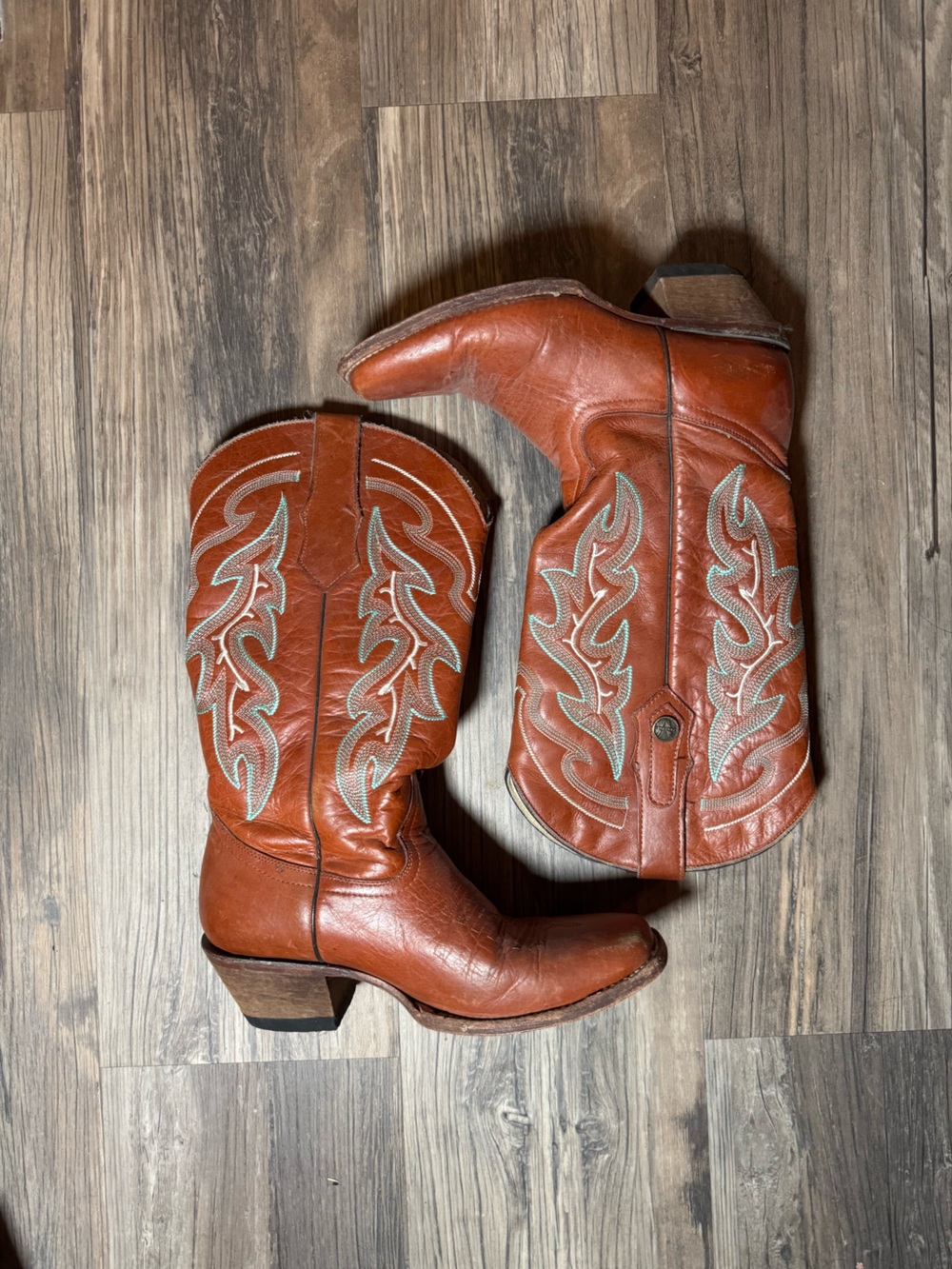 VERTHALI Leather Western Cowboy Boots - Rust Brown with Turquoise Stitching -